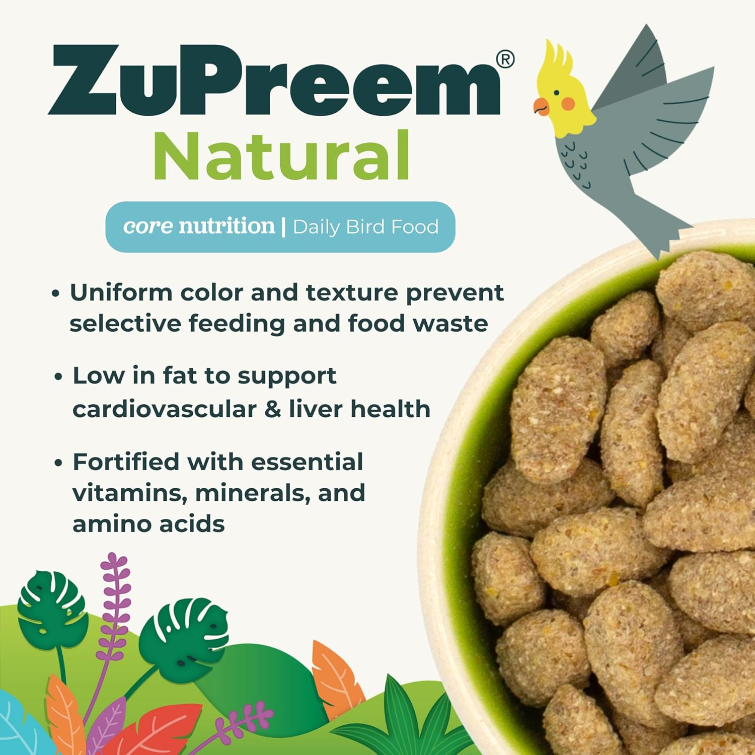 Zupreem Natural Bird Seed, Daily Bird Food with Added Vitamins & Minerals, Idea for Cockatiel, Lovebird, Quaker, Small Conure, Lorikeet, Core Nutrition for Medium Birds, Cockatiel Pellets, 1.1Kg image number 1
