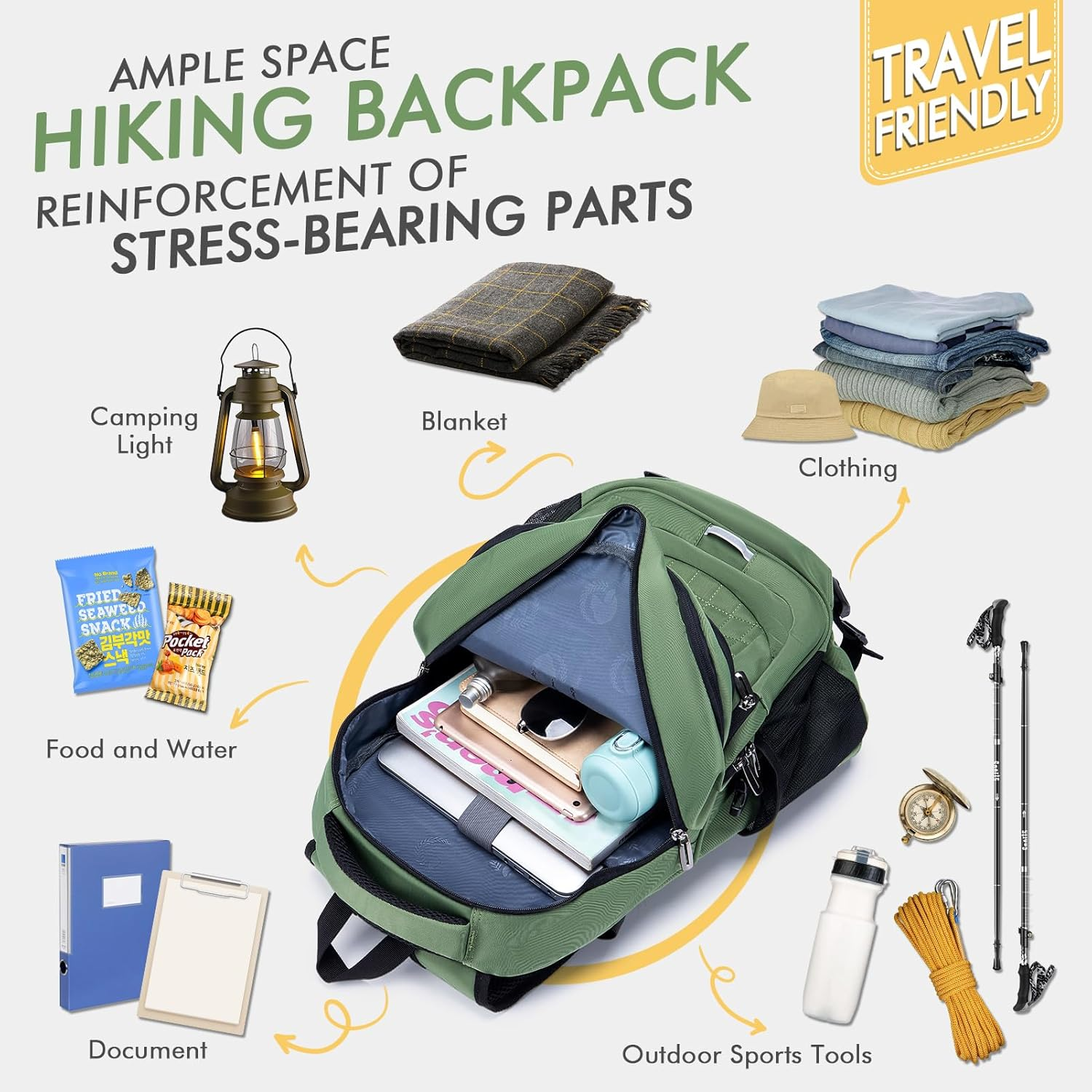 Bagzy Hiking Backpack 40L with Back Ventilation and Hip Belt, Trekking Backpack Travel Backpack Outdoor Camping Men Women image number 4