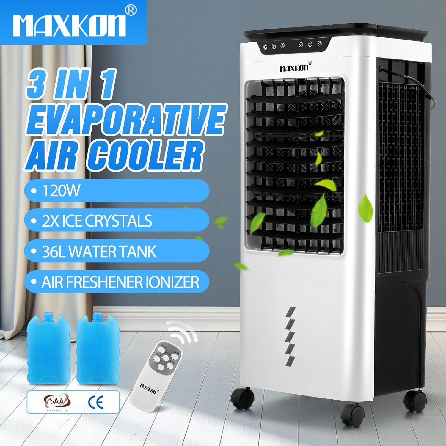Maxkon 3 in 1 Evaporative Air Cooler Portable Cooling Fan Purifier Humidifier 36L Swamp Home Commercial Industrial Ionizer Conditioner image number 6