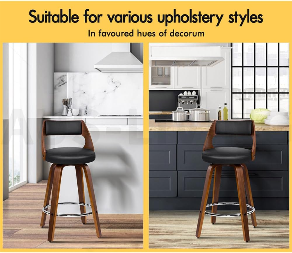 ALFORDSON Bar Stools 4 X Swivel Kitchen Stool 65Cm Seat Height Wooden Counter Stool with Footrest and Adjustable Leg Levelers Leather Leather Dining Chairs for Home Bar Dining Room, Eden Black