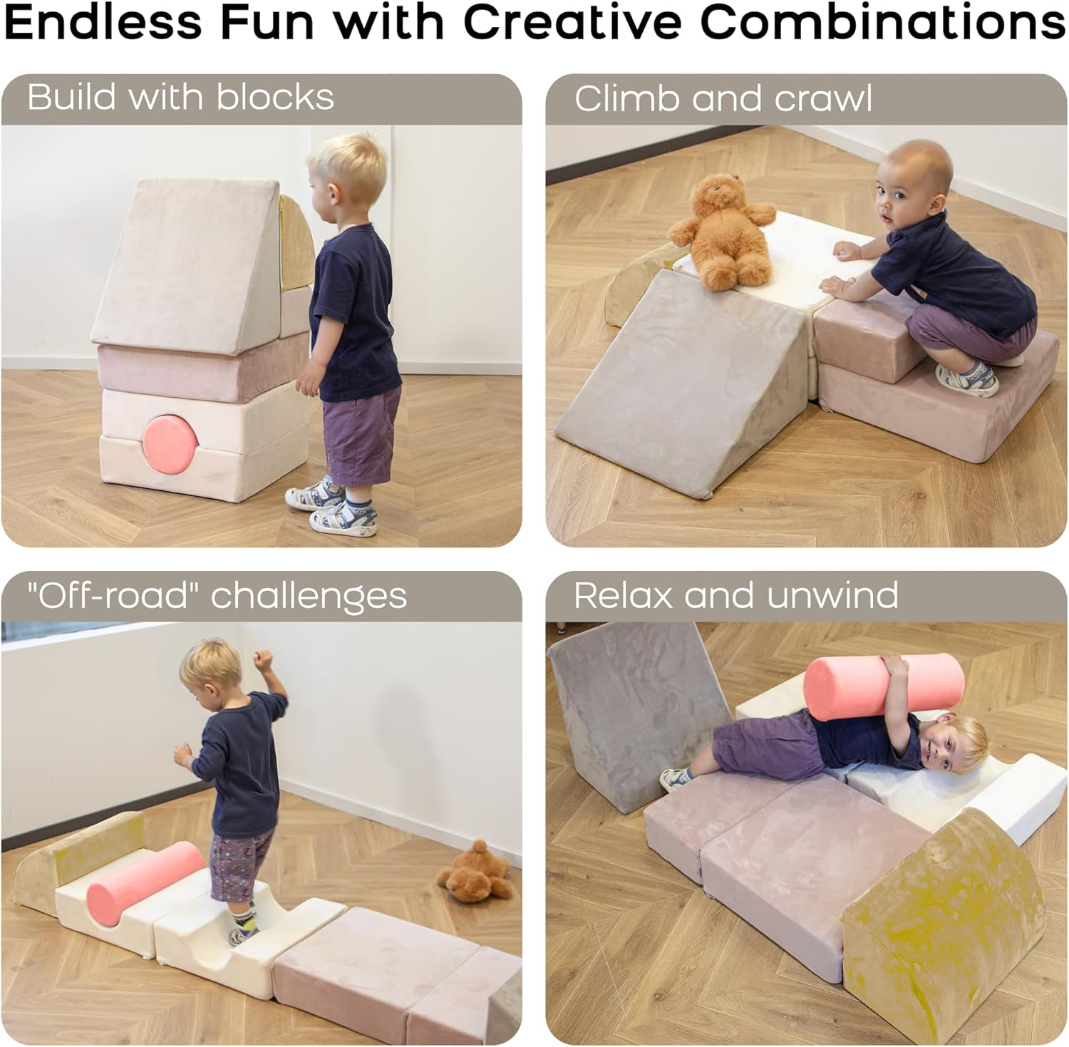 Banasuper 5-Piece Climbing Toys for Toddlers, Kids Foam Blocks Playset with Cylinder, Foldable Design, Toddler Indoor Soft Play Gym Activity Play Set for Crawling and Active Play (Pink & Yellow) - Blue  Grey image number 4