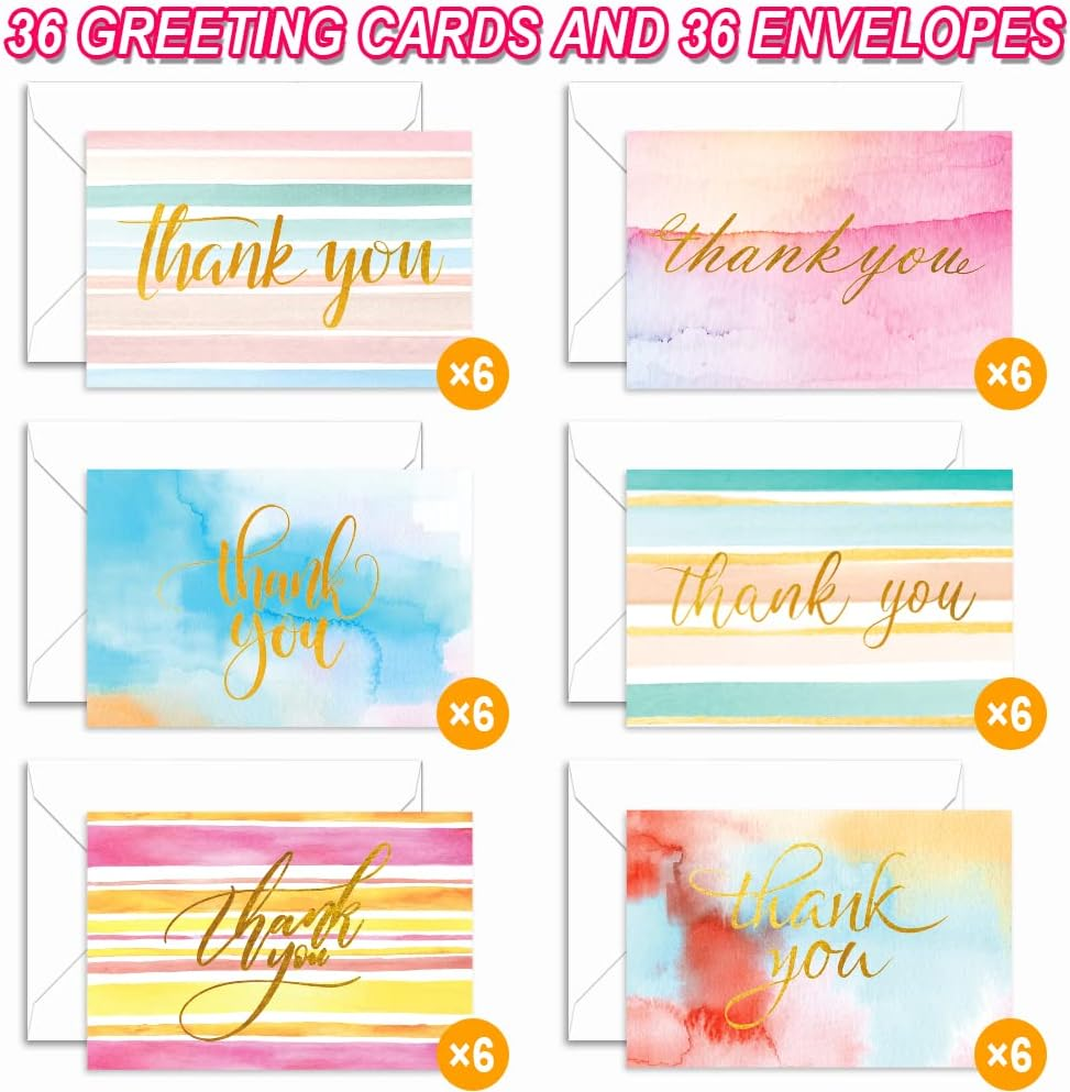 48 All Occasion Thank You Cards with Envelopes, Assorted Blank Note Cards, 6 Watercolor Design, 4X6 Inches Blank Stationary Thank You Cards with Envelopes Set image number 6