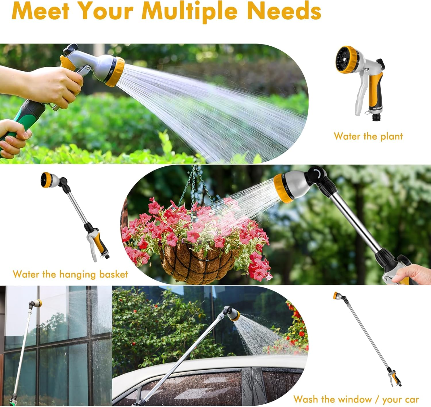 RESTMO Watering Wand Heavy Duty, Long Metal Spray Nozzle | 180&deg; Adjustable Ratcheting Head | 7 Spray Patterns Extension Hose Wand, Perfect Garden Sprayer Gun to Water Hanging Baskets, Shrubs, Yellow - Yellow image number 6