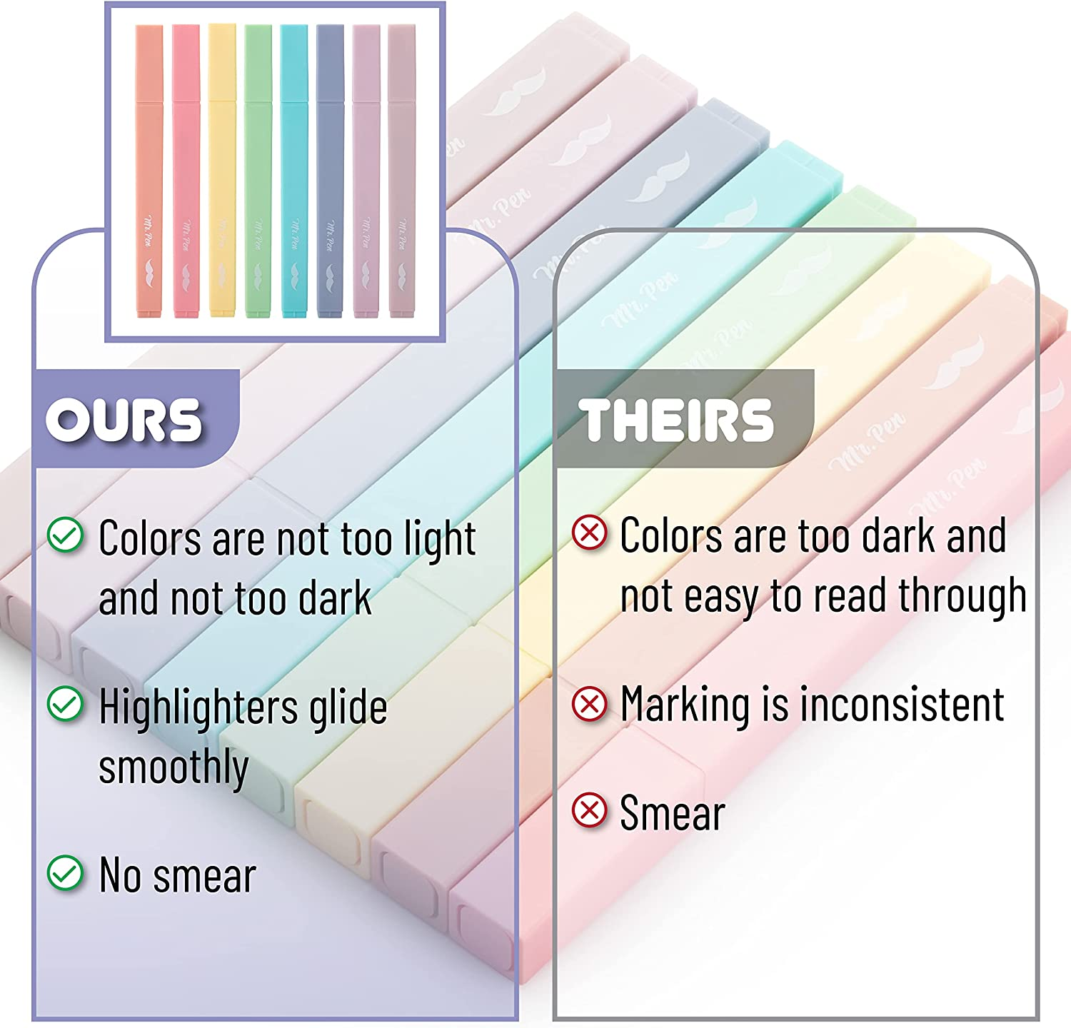 Mr. Pen- Aesthetic Cute Pastel Highlighters Set, 8 Pcs, Chisel Tip, Candy Colors, No Bleed Bible Assorted Colors image number 1