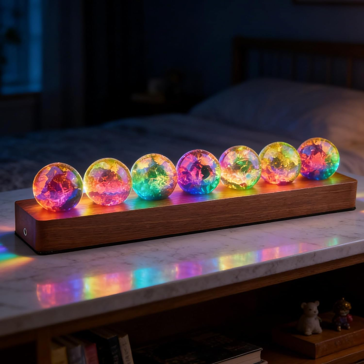 3D Crystal Ball Night Light, LED Ball, Pack of 7 Colourful Glass Crystal Balls with LED Wooden Base, 40 Mm Glass Ball Planet Lamp, Decorative Colourful Crystal Ball for Night Light, Ornaments image number 2