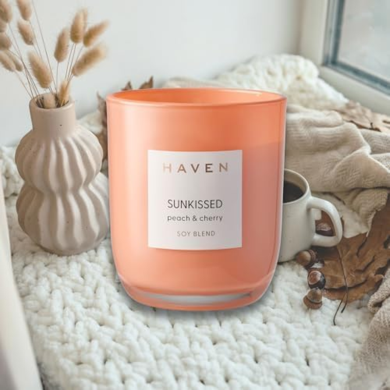 Haven Sunkissed Peach & Cherry Scented Soy Blend Candle - Natural, Non-Toxic, Long-Lasting Burn in Orange Glass Jar for Home Decor & Aromatherapy