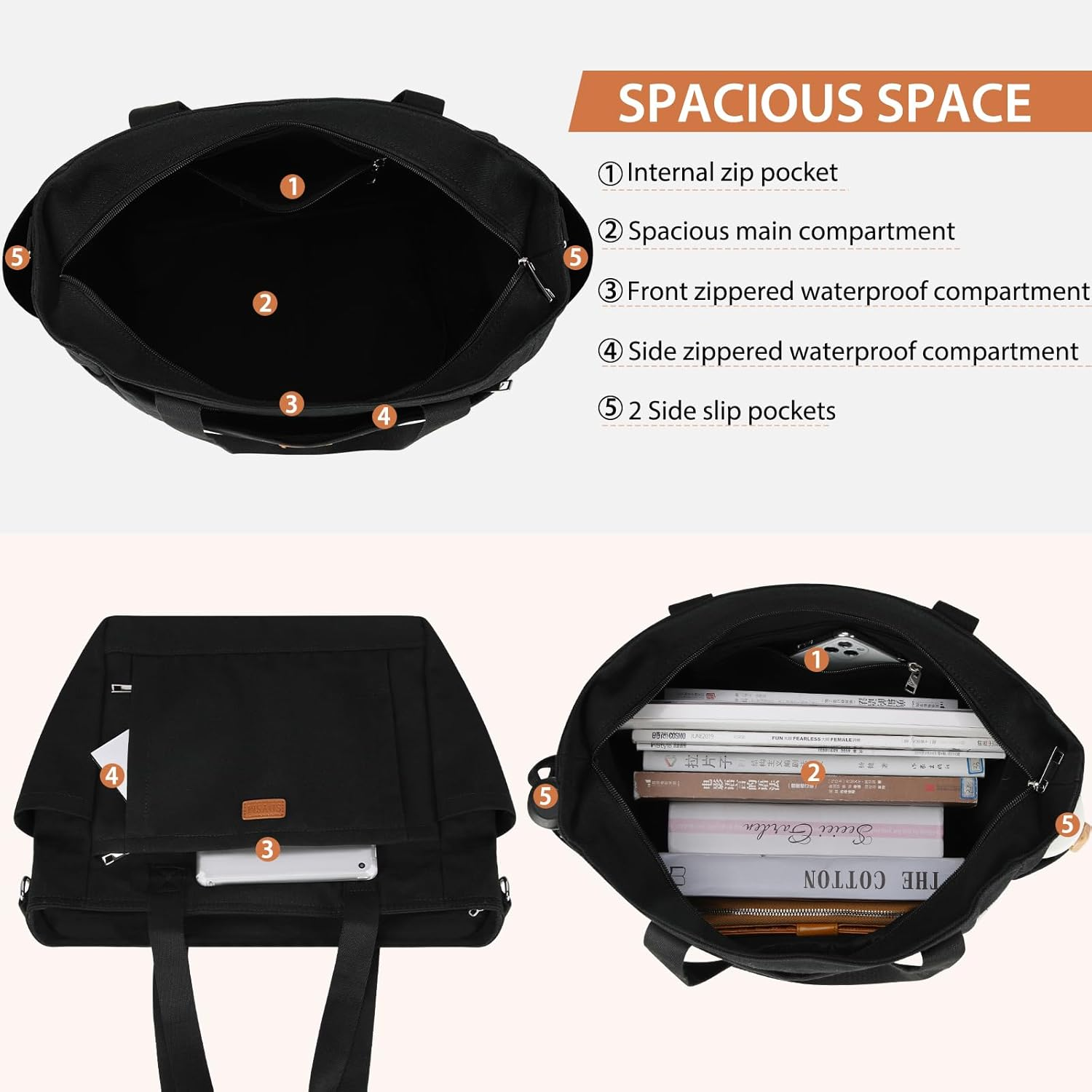 Canvas Tote Bags for Women with Zipper and Compartments Large Shoulder Bag Waterproof Crossbody Bag for School Work Beach - Blackbrown image number 6