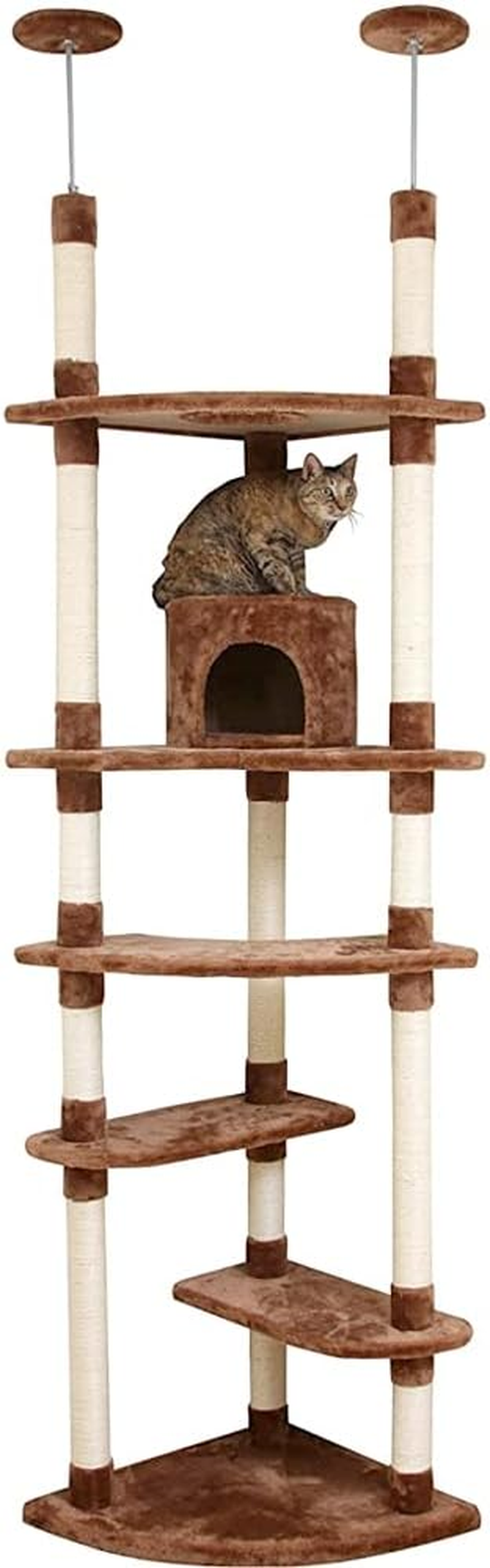 Iris Plaza Cat Tower, Tension Type, W Fixed, Nail Sharpener, Space Saving, with Home, Beige, Height 87.6-98.7 Inches (222-248 Cm)