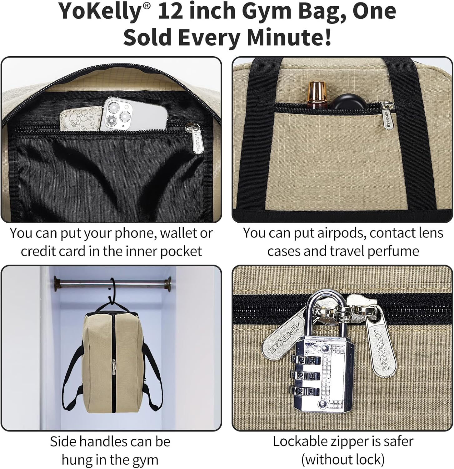 Small Gym Bag Carry on Bag - 12 Inch Mini Duffle Bag Lightweight for Overnight Travel, Camel, 12 Inch, Small Duffle Bag image number 2