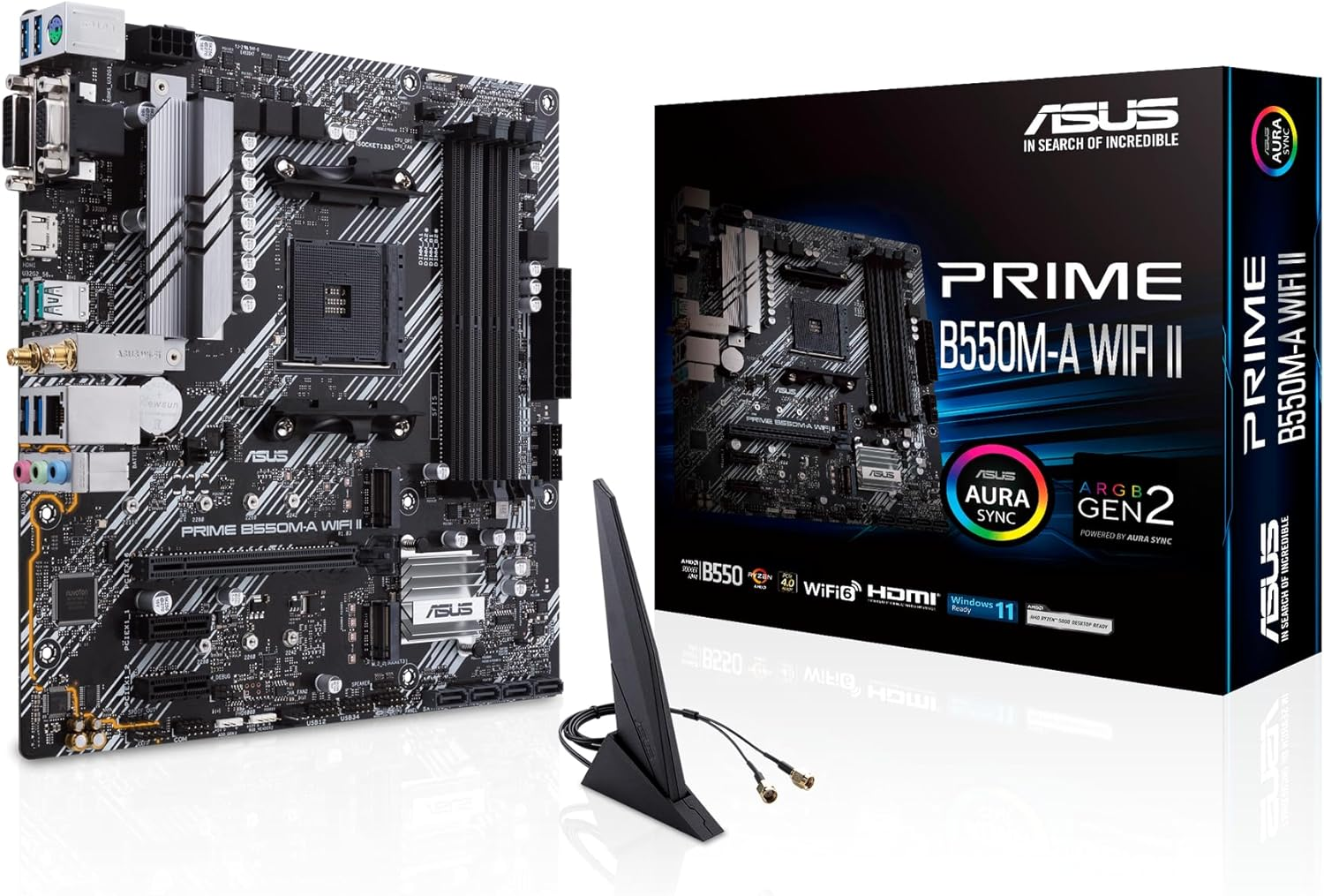 ASUS Prime B550M-A Wifi II Motherboard Microatx, AMD B550, Socket AM4, DDR4, PCI 4.0, LAN Realtek 1Gb, Wifi 6 (802.11Ax), 2Xm.2, 4Xsata 6Gb/S, 2Xusb 3.2 Gen 2, Support Aura Sync RGB, Black image number 1