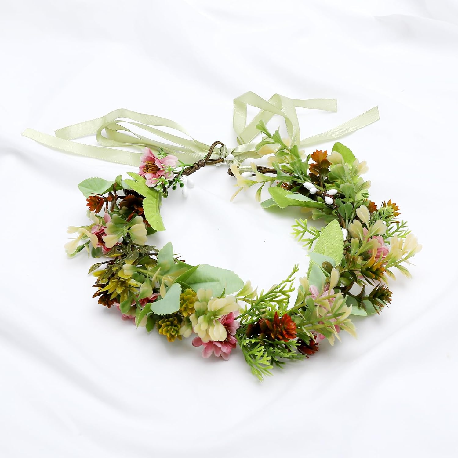 Flower Wreath Hair Headband Set Handmade Autumn Flower Crown with Hair Wreath & Comb for Wedding Bridal Festival Girls Photo Shoot Gift image number 1