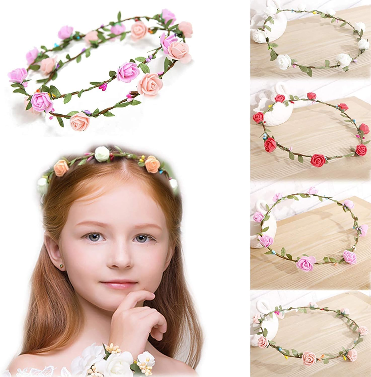 9 Pcs Flower Crown Headband,Hair Floral Wreath Garland Leaf Ribbon,Adjustable Multicolor Boho Halo Headpiece for Women Girls Wedding Festival Holiday Christmas Halloween Party,Seaside Vacation Photo image number 4