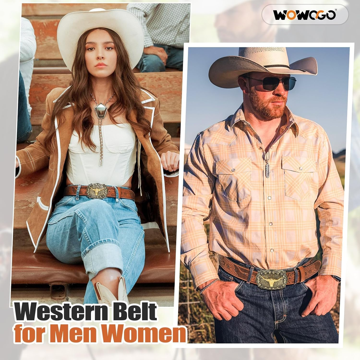 Women Men Western Belts Cowboy Cowgirl Country Belt Longhorn Bull Buckle Floral Embossed Belt for Jeans Dresses 115Cm