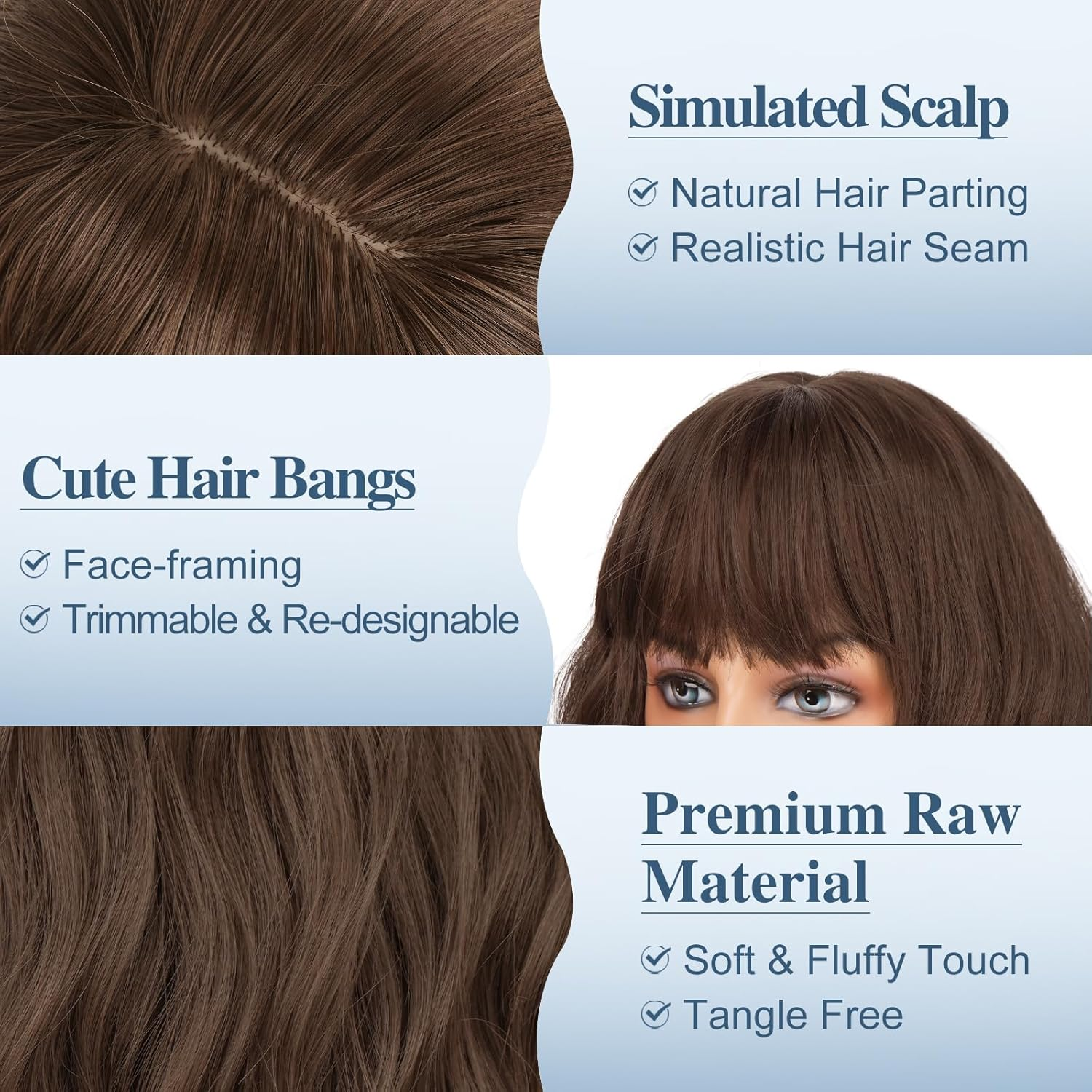 BARSDAR 46 Cm Medium Long Wavy Brown Wig with Fringe, Wig with Fringe for Women, Curly Wavy Heat Resistant Synthetic Shoulder Length Wig Cosplay Party - Light Chocolate Brown image number 2