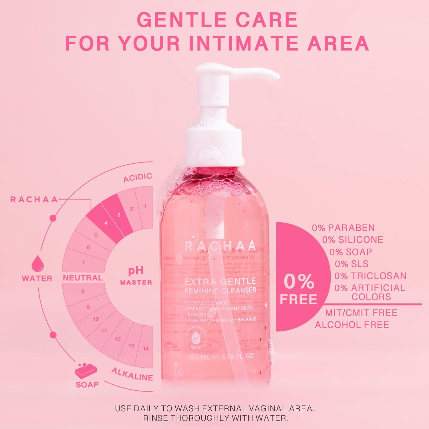 RACHAA Feminine Wash for Women - Gentle Daily Intimate Cleanser for Lightening, Moisturizing, Cleansing with Vitamin C, Tea Tree Oil & Lactic Acid - Sensitive, Hypoallergenic & Ph Balance, 6.76 Fl.Oz image number 4