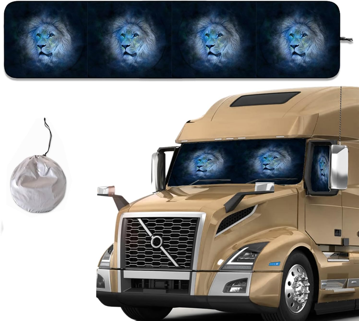 Blue Lion Windshield Sun Shade for Semi Trucks &ndash; Large Front Window UV Protector with Side Panels, Foldable Sun Visor for Volvo Freightliner Kenworth Peterbilt Trucks image number 1