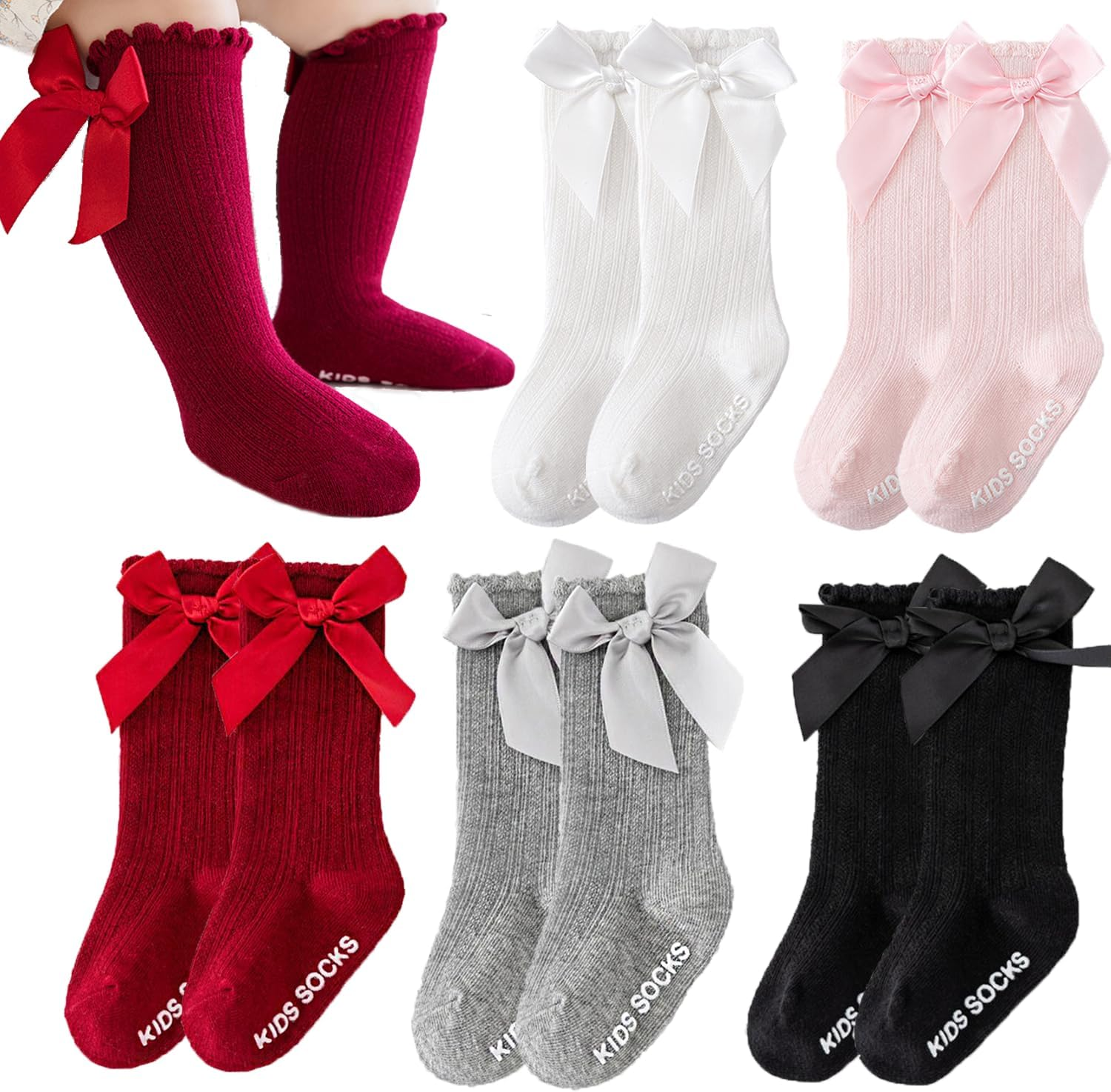 Baby Girls Knee High Socks 5 Pairs, Non-Slip Infant Toddler Bow Stockings Breathable Knit Bowknot Ruffle Knee High Socks Cotton Newborn Infant Long Stocking Socks Tube Ruffled Dress Socks image number 3