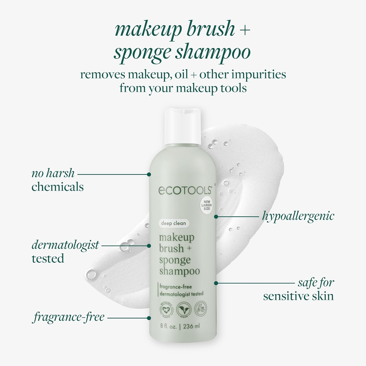 Ecotools Makeup Brush + Sponge Shampoo, Remove Makeup & Impurities from Tools, Sponges, & Puffs, Fragrance-Free Brush Cleanser, No Harsh Chemicals, Vegan, & Cruelty-Free, 8 Fl. Oz./236 Ml. Bottle image number 3