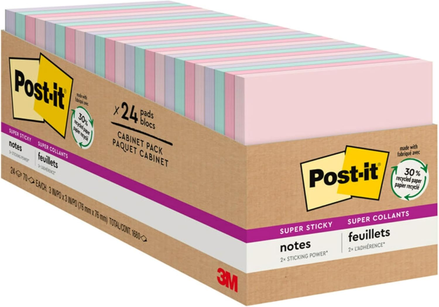 Post-It Super Sticky Notes, 76.2 Mm X 76.2 Mm, 24 Pads, 2X the Sticking Power, Supernova Neons, Bright Colors, Recyclable