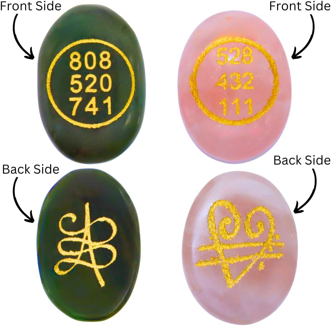 Combo of Green Jade and Rose Quartz Stone Zibu Coin - Pre-Energized Money Switch Word and Zibu Symbol Angelic Number Oval Stones Coin - Golden Engraving - Anxiety Stone - Worry Stone - Palm Size image number 4