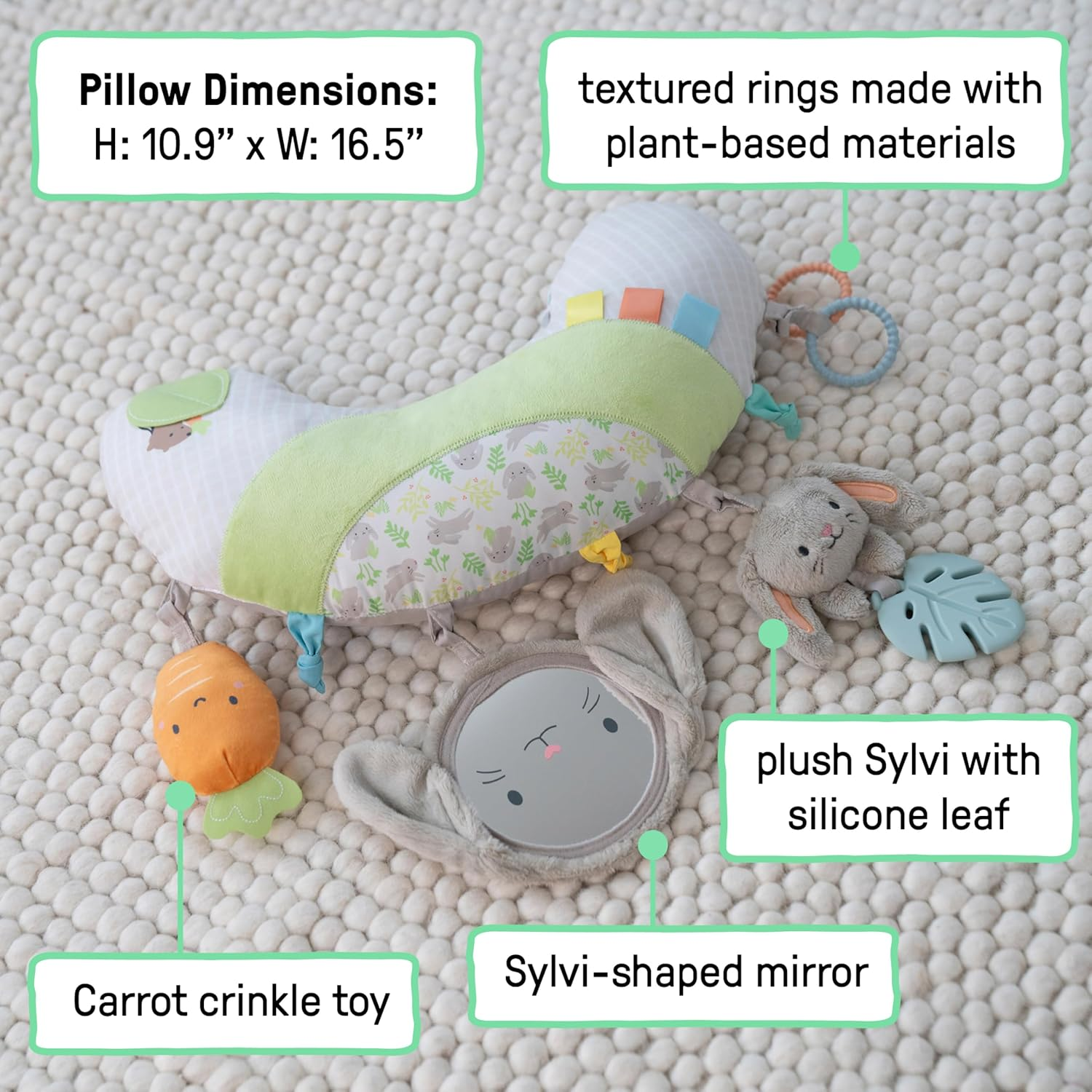 Ingenuity Cozy Prop Sylvi Tummy Time Pillow​, Multi-Sensory, 4 Removable Toys, 0+M - Plush Bunny image number 2