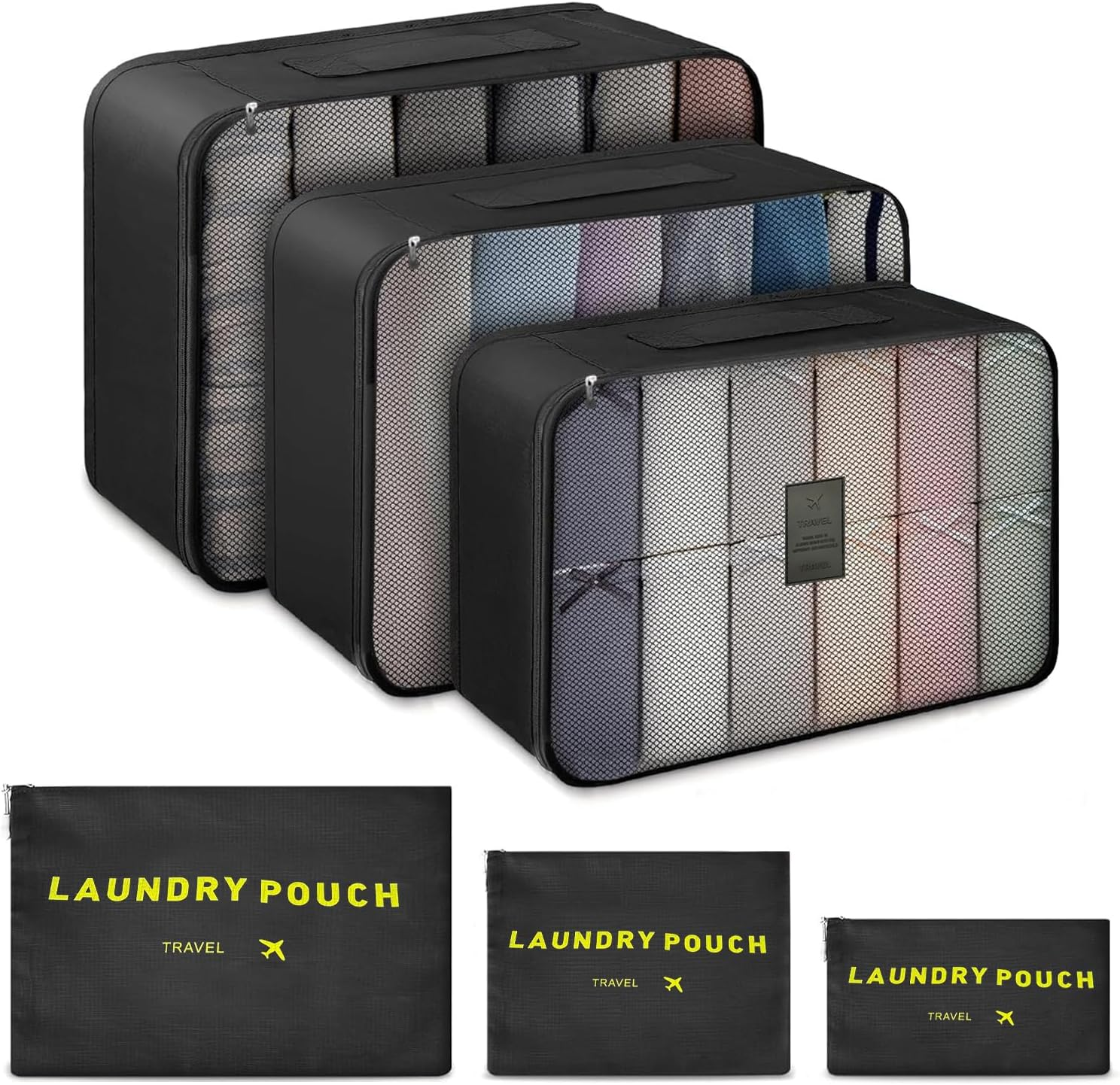 Packing Cubes, 6PCS Various Sizes Lightweight Travel Luggage Organizers, Large Medium Small Slim Packing Cube, Mesh Luggage Suitcase Organizer Bags, Travel Suitcase Accessories. (Black)