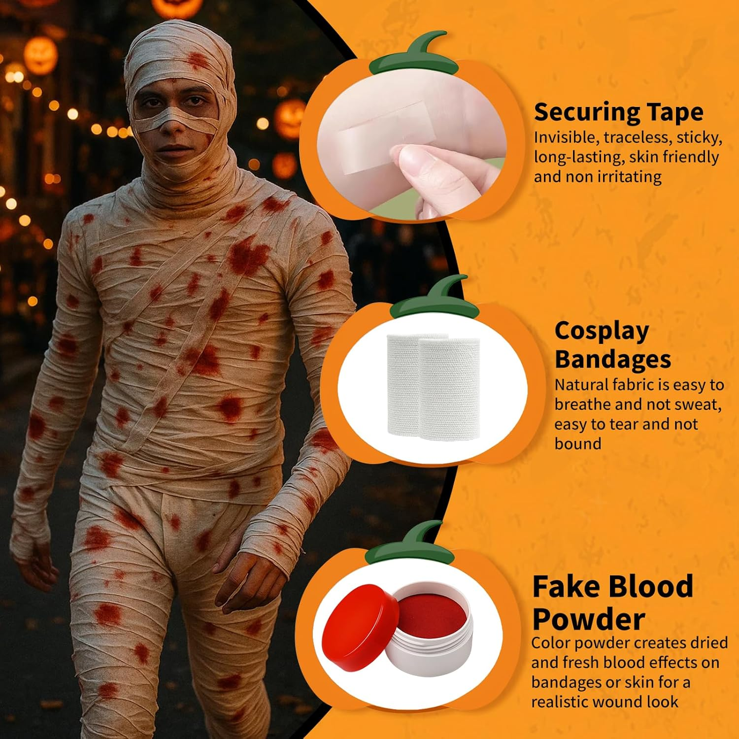 60 Yards 12 Rolls Halloween Mummy Wrap Costumes, Mummy Wrapping Cloth, Mummy Gauze, Mummy Bandages for Cosplay Zombie Makeup Halloween Costumes Accessories for Women Men with Fake Blood Power, Gloves image number 6