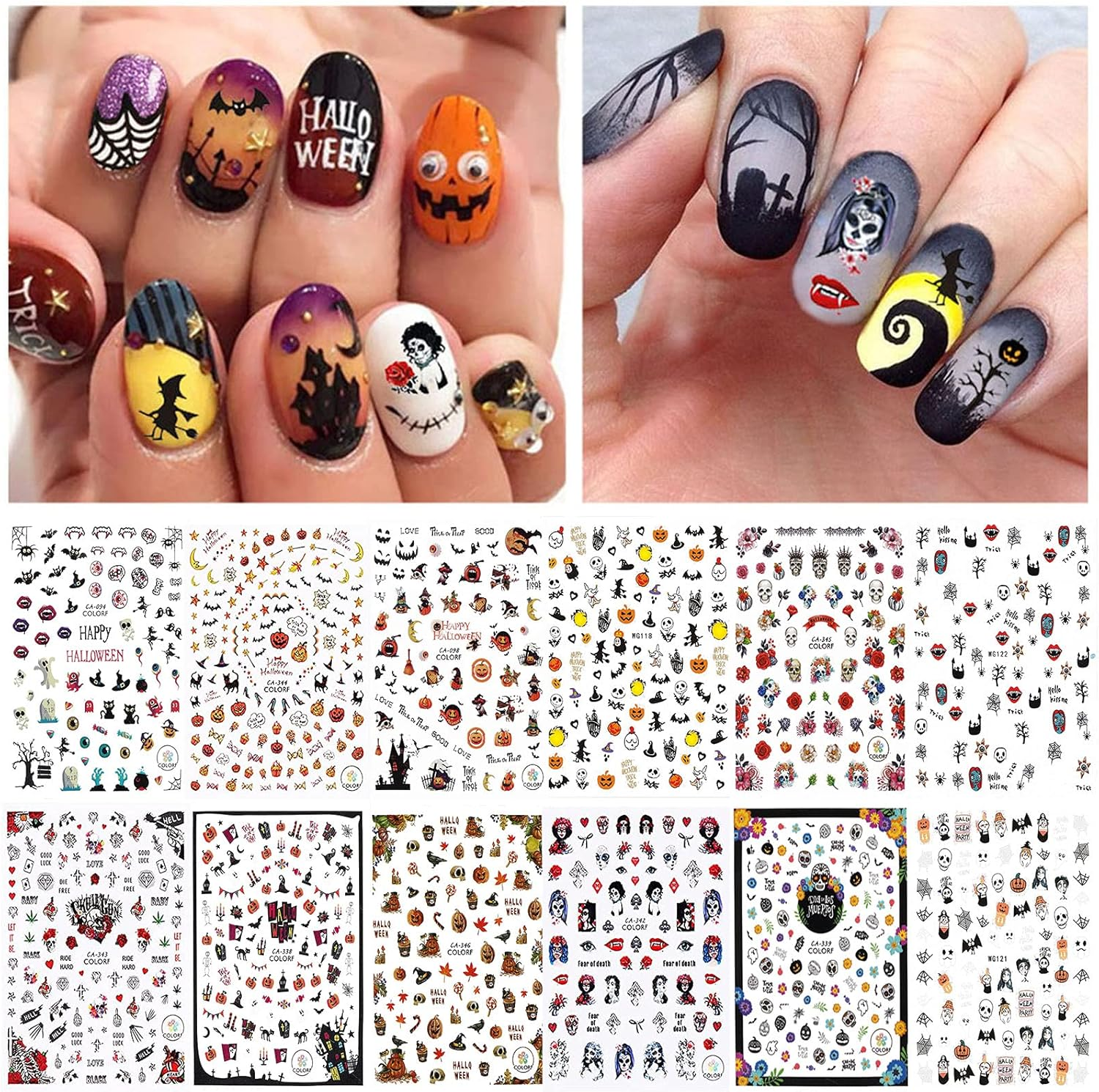 EBANKU Halloween Nail Sticker Decals, 12 Sheets Nail Stickers Nail Art Stickers Nail Decals for Halloween DIY Nail Art Decoration image number 6