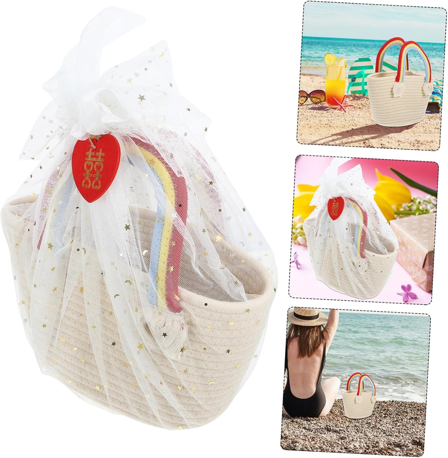 Unique Woven Basket Cotton Handbag for Women Vacation Beach Bag Basket image number 6
