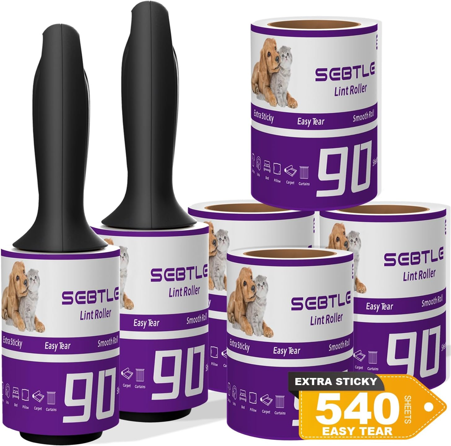 Sebtle Lint Roller, 540 Sheets Extra Sticky Pet Hair Remover Roller for Clothes Sofa Carpet Couch Sweater Furniture, Cats Dogs Pet Hair Remover, 2 Handles W/ 6 Refills image number 3
