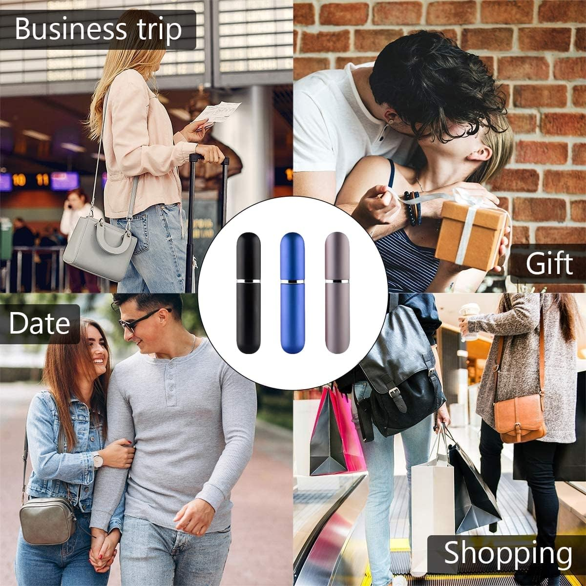 Perfume Travel Refillable,5Ml Perfume Atomisers,3 Pcs Mini Portable Spray Bottles,Round Tube Perfume Bottles Set with 1 Flat Separated Tool,For Home Business Trip Travel(Black+Blue+Champagne)(4Pcs) - Pink+Red+Silver image number 5