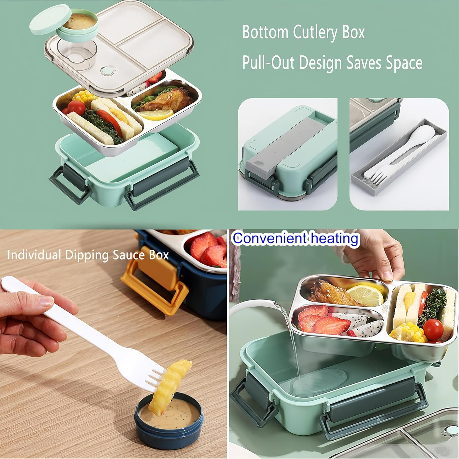 Stainless Steel Lunch Box with 4 Compartments, 850Ml Bento Box Set with Leakproof Lid, Utensils, and Easy Portability for School, Work, Camping, and Travel image number 6