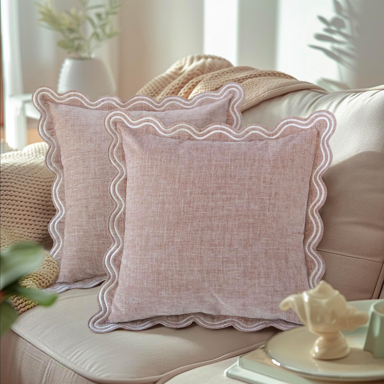 TINYSUN Scalloped Decorative Pillow Covers - Set of 2, Double-Sided Embroidered Scallop Design, Premium Chenille Cushion Covers for Living Room Sofa Couch Bed(Dusty Pink,18X18 Inch)