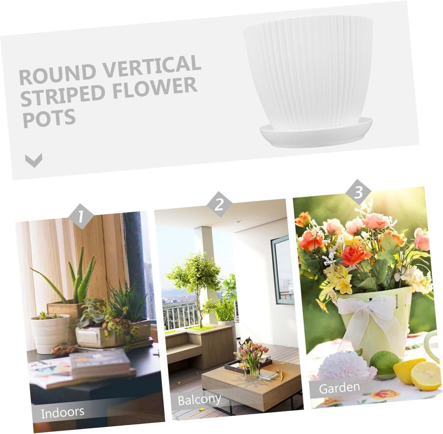 5Pcs White Vertical Striped with Drainage Holes for Indoor and Cacti Reusable Pots for Plants Sustainable Gardening image number 6