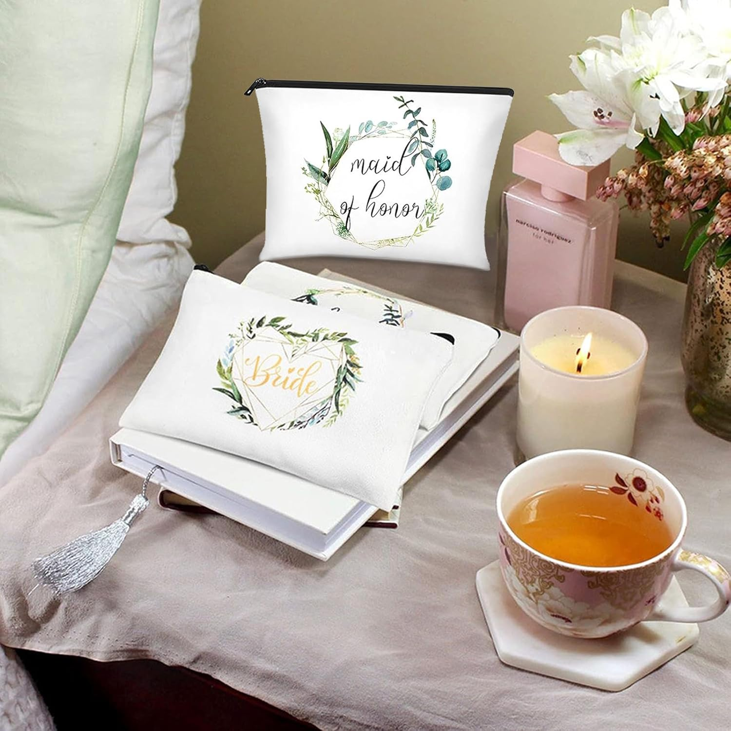 KASESSS Pack of 2 Bridal Cosmetic Bags, Women'S Travel Canvas Cosmetic Bag, Bride to Be Gifts, Make up Bag Gifts for Girlfriends, Bride and Bridesmaids, White, 22.5 X 15 Cm image number 3