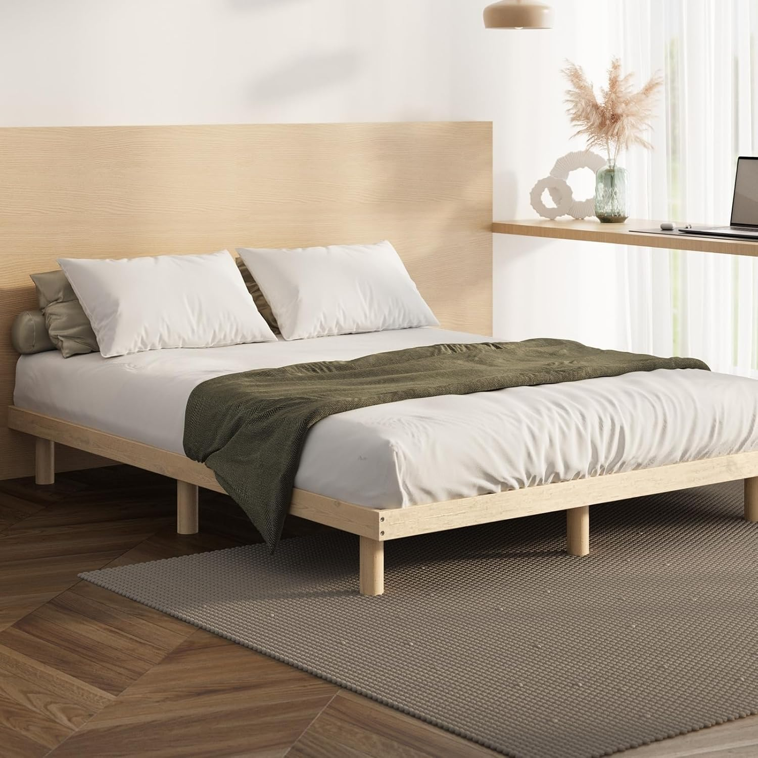 Oikiture Double Bed Frame with Wooden Bed Base and Solid Wood Frame Platform Bed image number 4