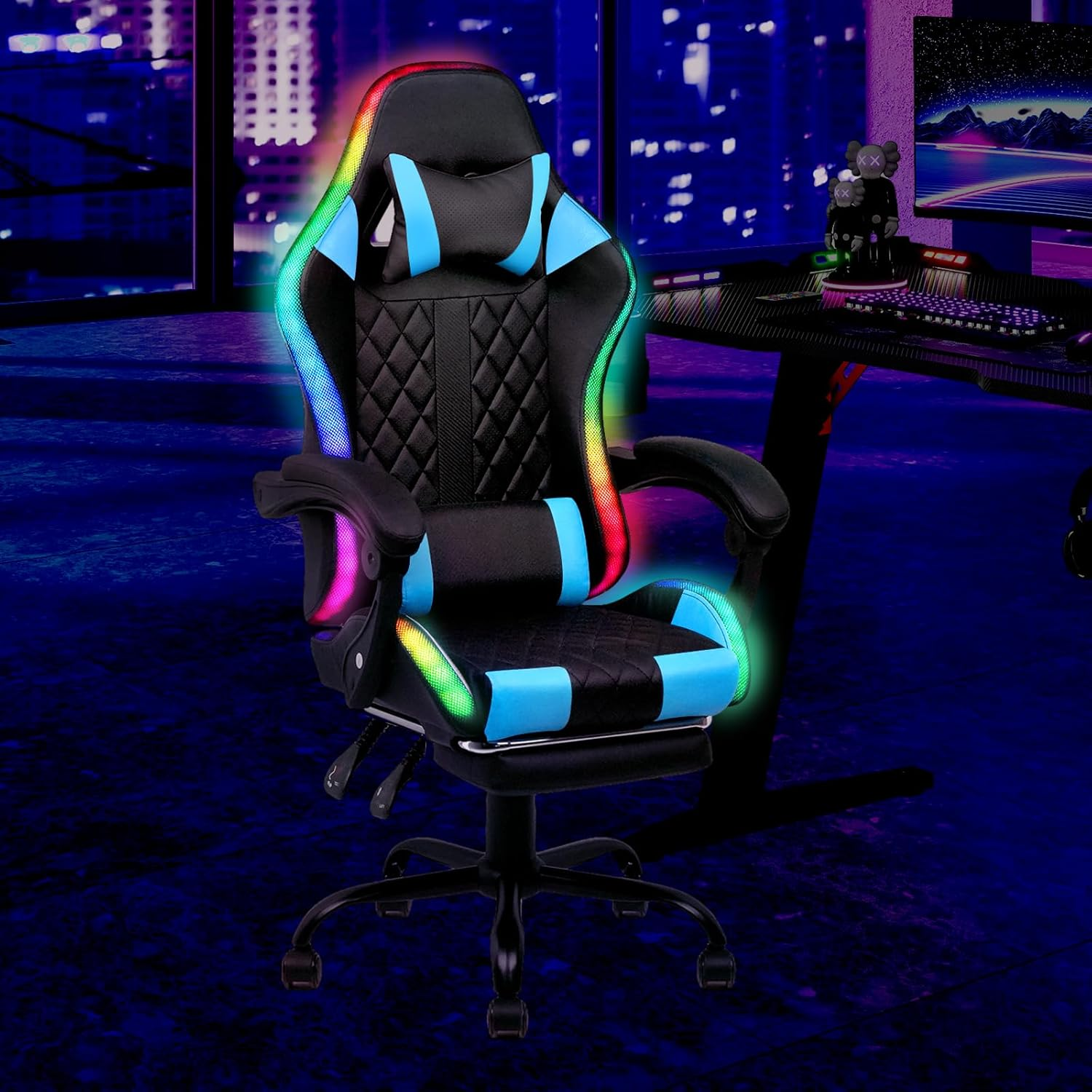 Advwin Gaming Chair with Massagers and LED Lights, Executive Office Chair with 135&deg; Recline, Racing Computer Chair with Footrest, Lumbar Support, Adjustable Height and High Back (Black & Blue)