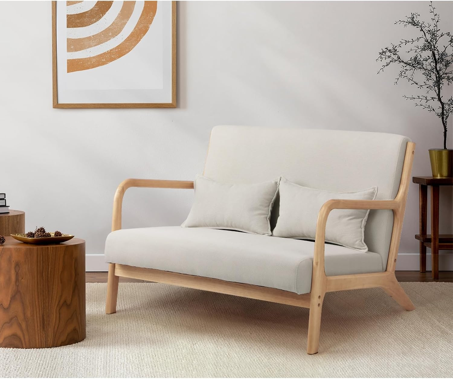 Oikiture Armchair with 2 Seater, Wooden Frame Lounge Chair with Pillow and Cushion Beige image number 2