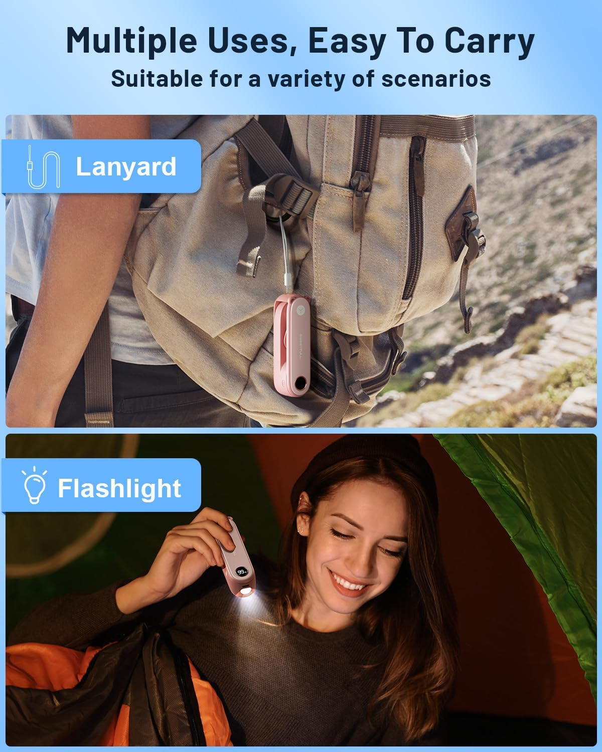 SWEETFULL Portable Handheld Mini Fan Rechargeable, 3-IN-1 Foldable Personal Fan with LED Display & Flashlight for Travel Home, Quiet Small Pocket Fan for Women Girls, Cute Summer Gifts, Pink - Pink image number 4