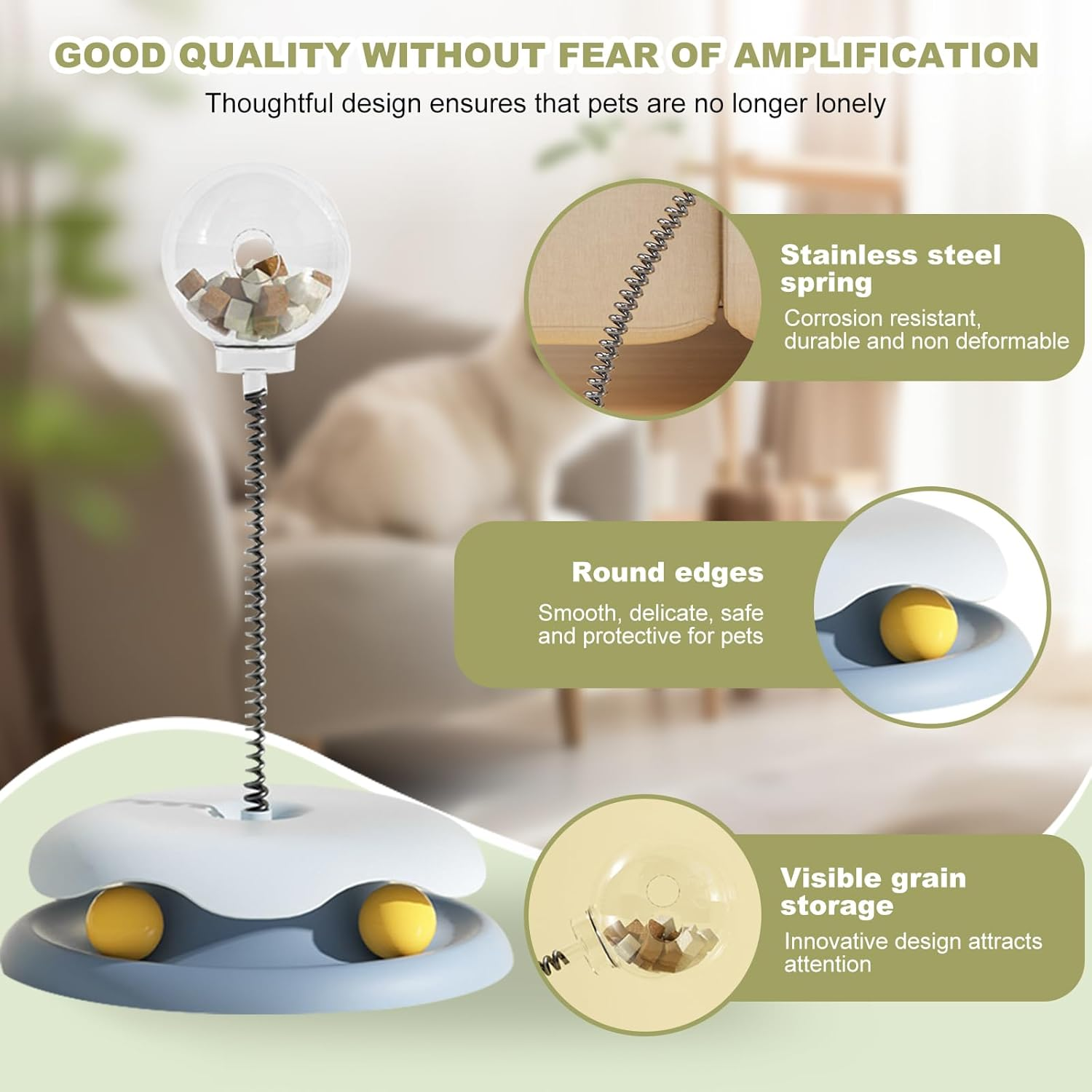 KECUSIN Cat Turntable Toy &ndash; Cat Interactive Slow Feeder Toy, Rotating Turntable with 2 Rolling Balls & Bouncy Steel Spring for Engaging Play and Healthy Eating. (Blue) - Green image number 5