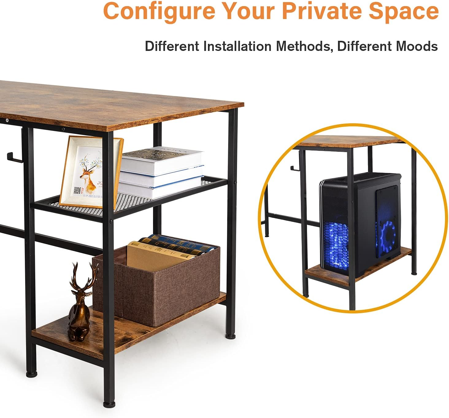 Furmax Home Office Desk 47 Inch Small Study Writing Desk Computer Simple Splice Board Table 2-Tier Laptop Table with Storage Bag and Removable Storage Shelves (Brown)