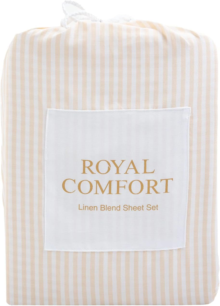 Royal Comfort Sheet Set Linen Blend Stripes 100GSM All Seasons Bedding Ultra Soft, 1 X Flat Sheet 1 X Fitted Sheet 2 X Pillowcases (4 Pcs, King, Beige)