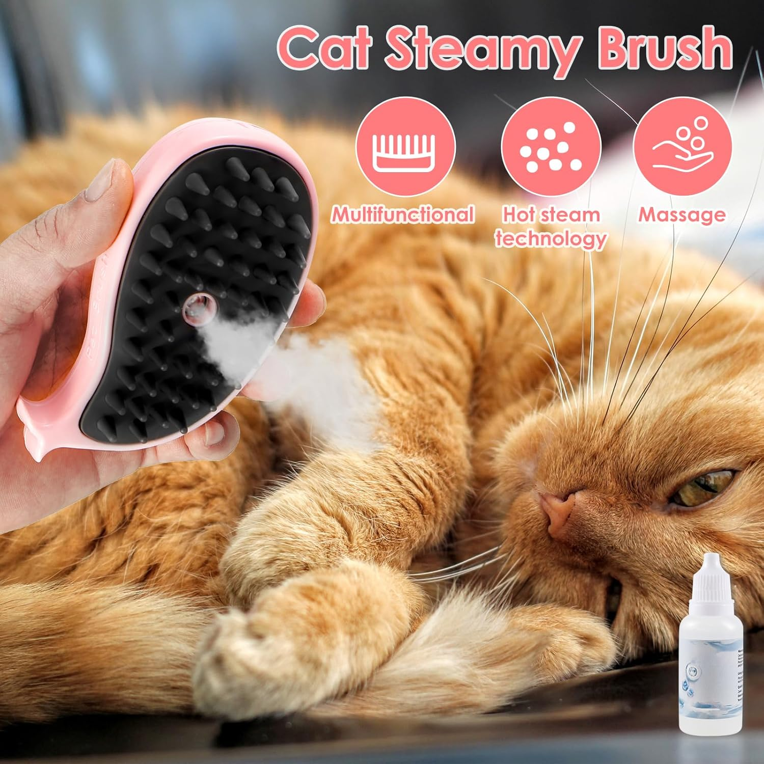 Cat Steam Brush 3 in 1 Spray Cat Brush Usb Rechargeable Steaming Cat Grooming Brush Knot and Loose Hair Removal Brush Pet Shedding Comb for Cat and Dog Pet (Pink) - Pink image number 2