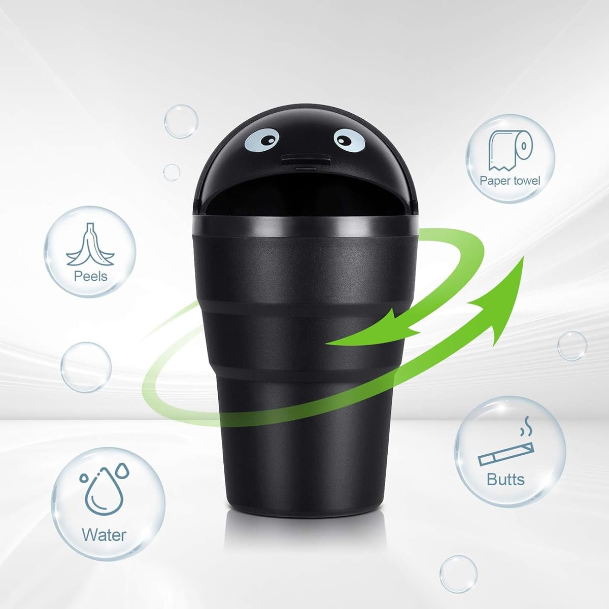 Aimall 3-Pack Portable Car Trash Bins, Compact Cup-Shaped Design, Cute Black Storage Bins for Car Use, Leakproof Garbage Containers with Lid, Easy to Empty, Dimensions: 3.7X6.65 Inches image number 5