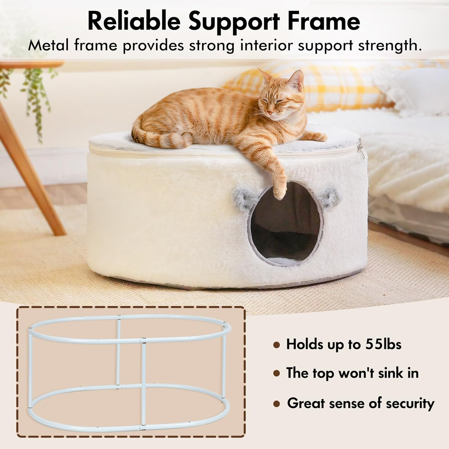 Cat Bed for Indoor Cats, Fluffy Cave Large Enclosed House Pet Hammock with Removable Washable Cover for Sleeping Kittens, Small Dog, Oval Hideaway image number 4