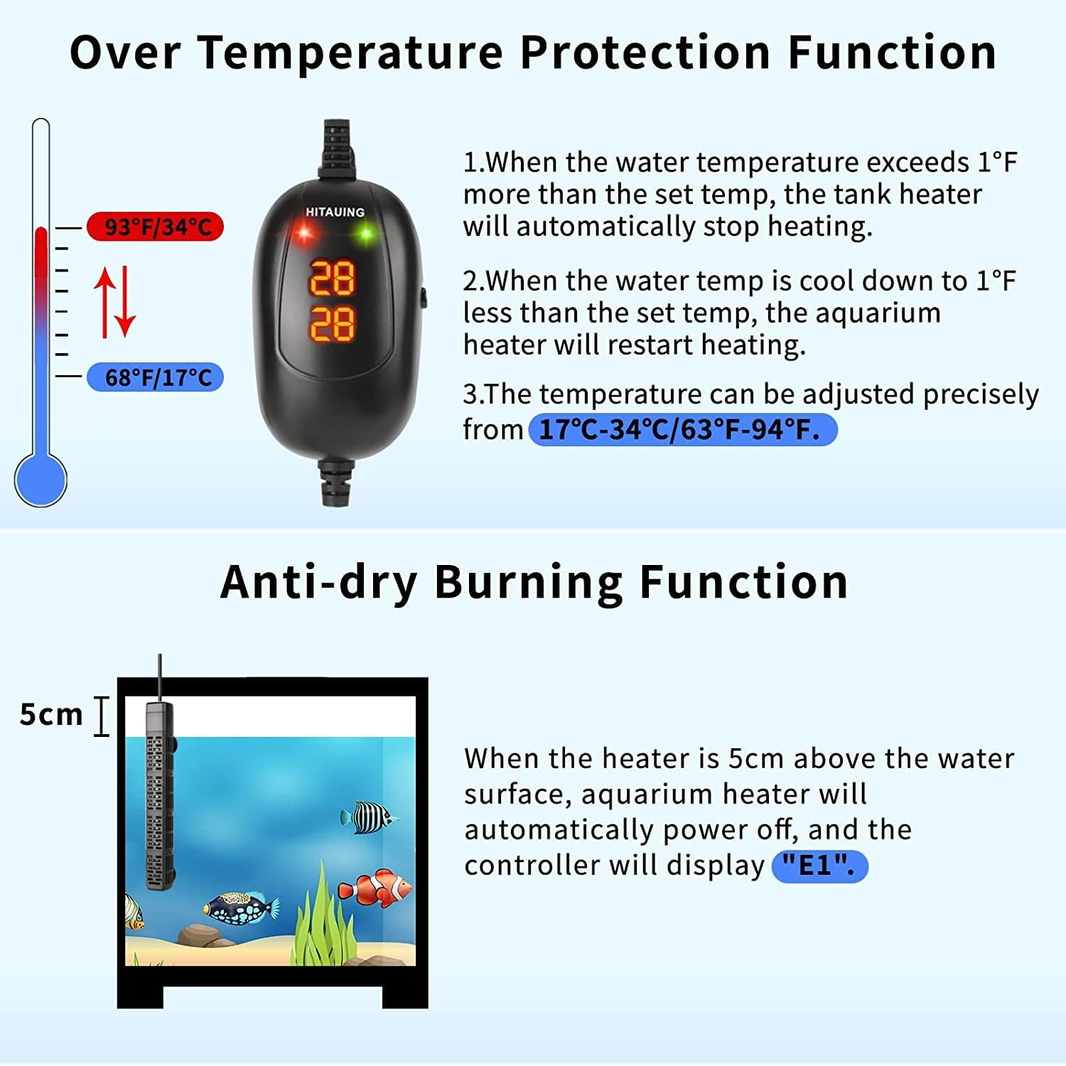 Hitauing 300W Aquarium Heater, 300W Submersible Fish Tank Heater with Over-Temperature Protection and Automatic Power-Off When Leaving Water for Saltwater and Freshwater (AU Plug Included) image number 6