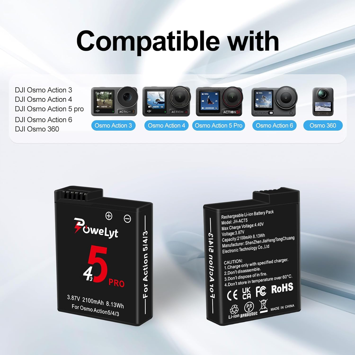 Powelyt Osmo 360/Action 6/5 Pro/4/3 Battery 2 Packs 3.87V 2100Mah Osmo Action 5 Pro Batteries and 3 Channels Charging Station Compatible with DJI Osmo Action 6/Action 5 Pro/Action 4/Action 3,Osmo 360 image number 1