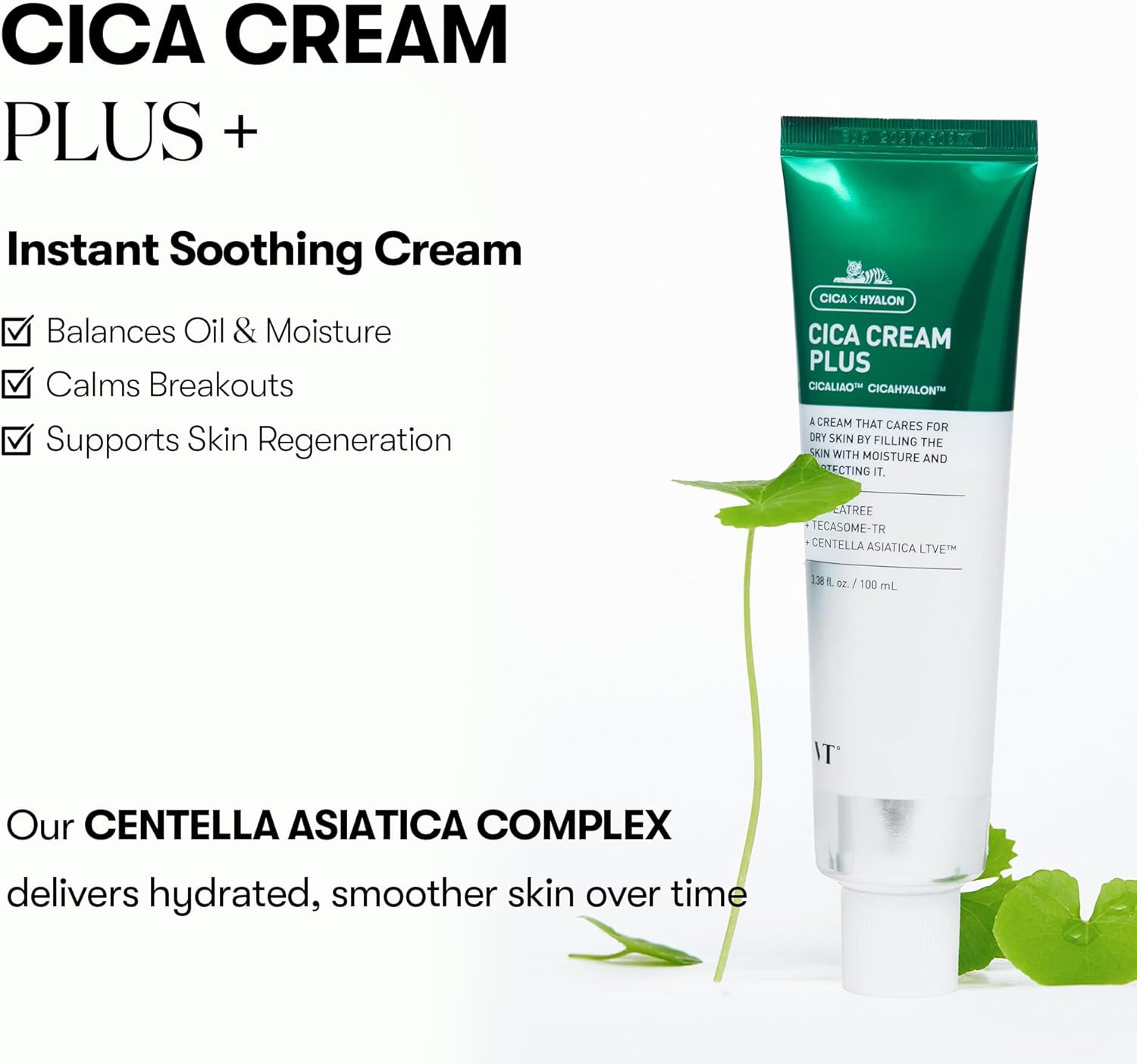 VT COSMETICS Cica Cream Plus, Hydrating & Calming Face Moisturizer with Centella Asiatica, Lightweight Soothing Cream for Acne, Oily, Dry and Sensitive Skin, Korean Skincare for Acne Prone Skin