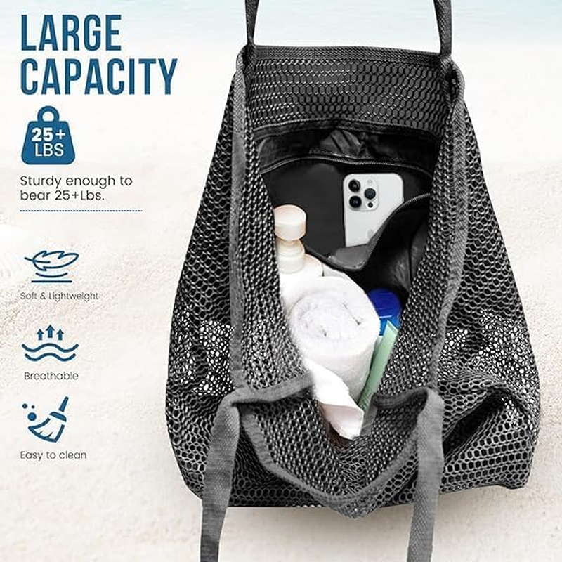 Beach Bags for Women - Summer Travel Mesh Tote Bag, Sandproof Woven Shoulder Handbag with Large Inner Pocket Black image number 1