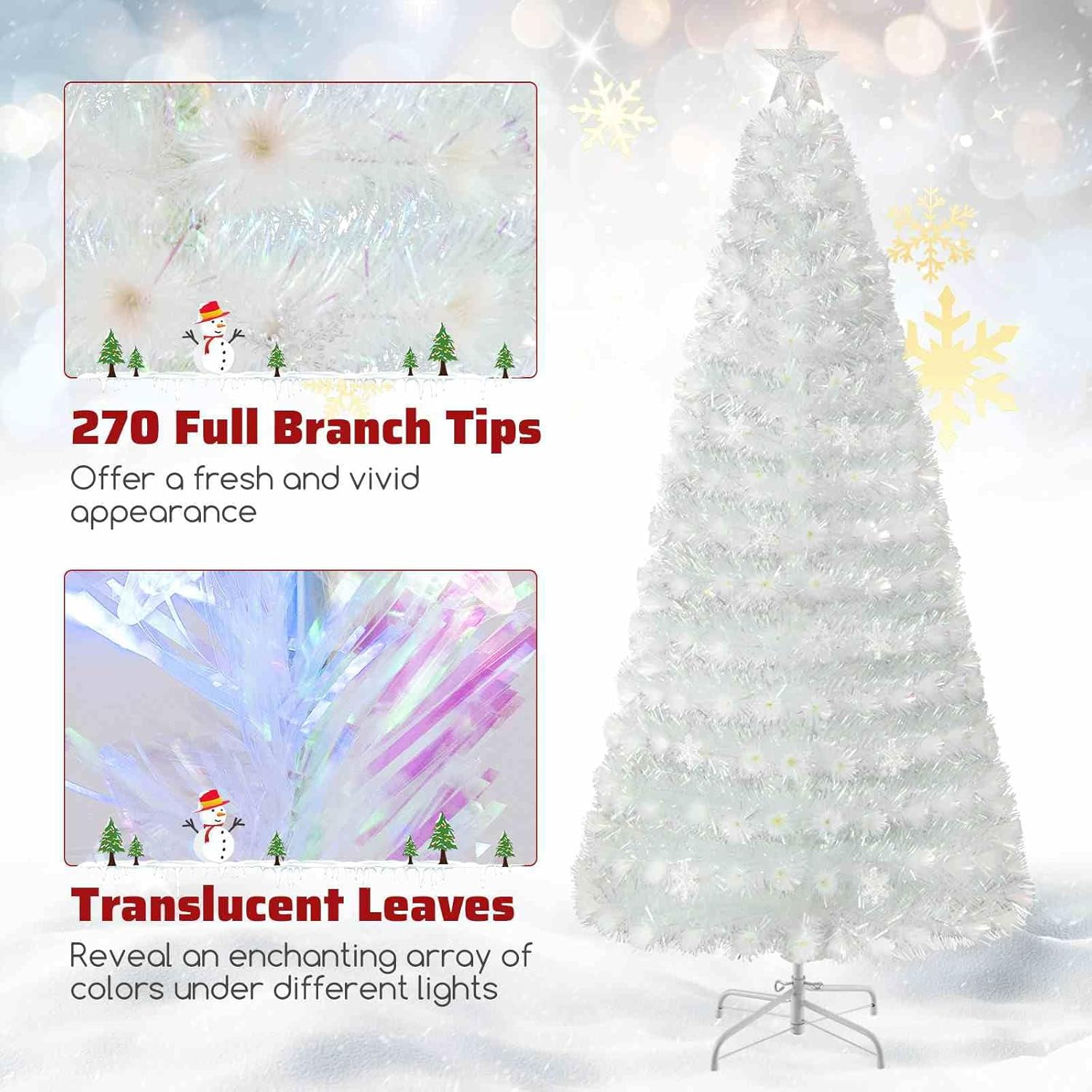 Costway 2.1M Artificial Fiber Optic Christmas Tree, White Pre-Lit Xmas Tree with 270 Branch Tips, Iridescent Leaves, Top Star Light, 48 Multi-Color Snowflake Lights for Party Home image number 5